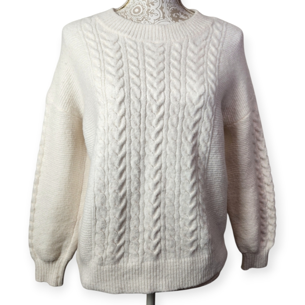 Ann Taylor LOFT Women’s Cable Knit Fisherman Preppy Sweater WOOL Blend Cream M